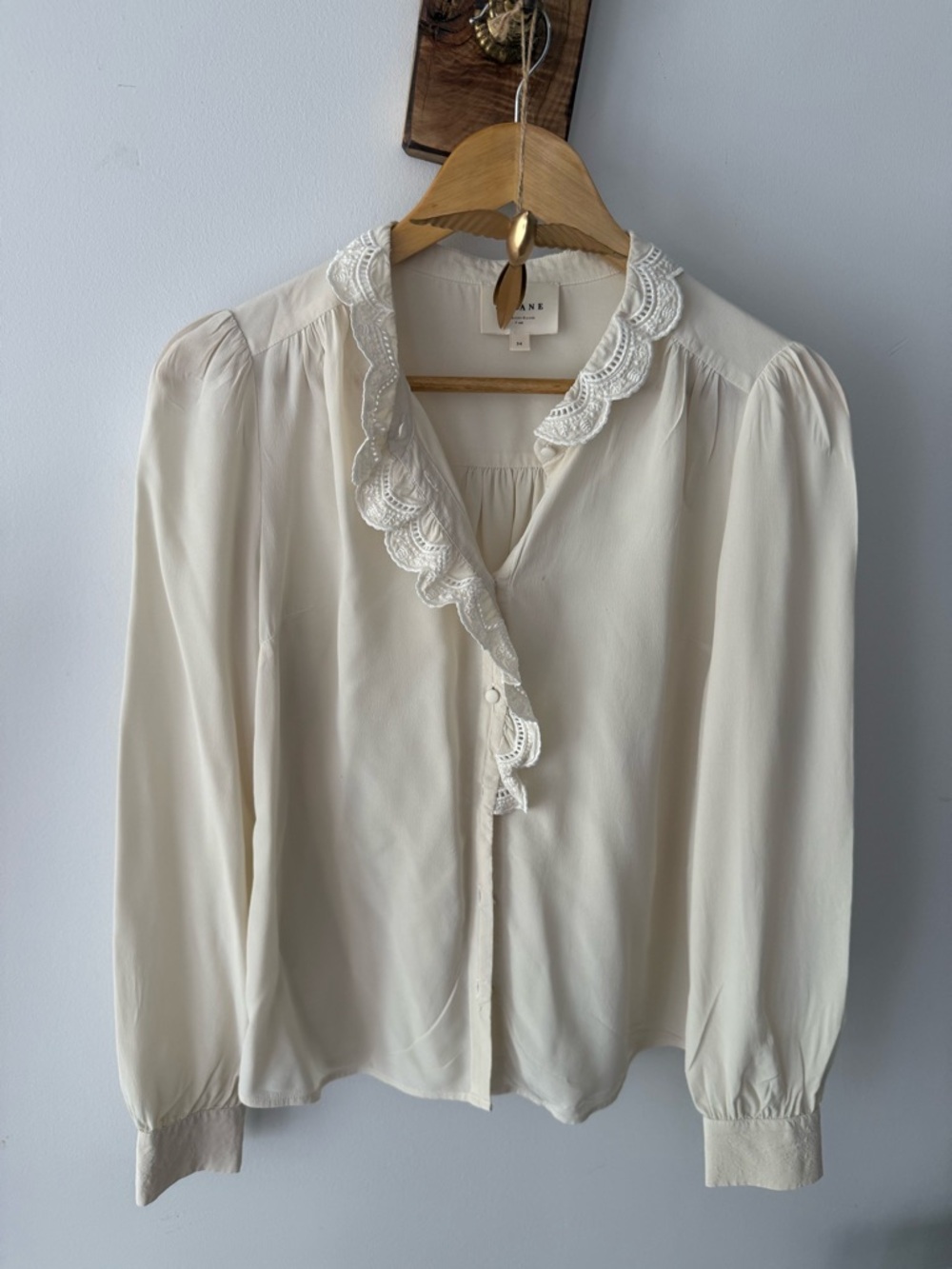 Sezane Cream Lace-Trim Blouse (34)